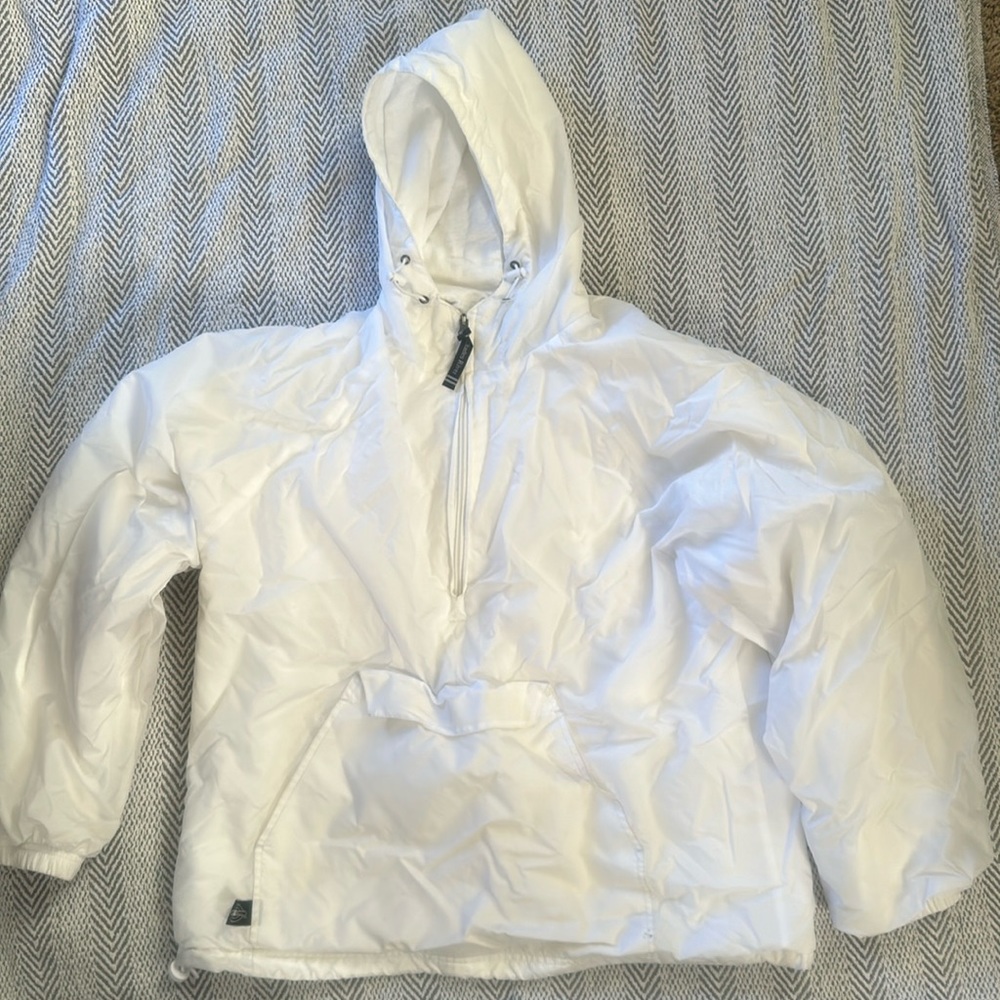 Charles river white nylon hoodie lined Velcro close pocket windbreaker jacket